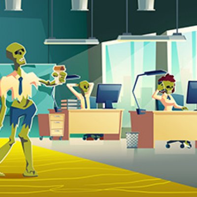 Illustration of exhausted zombie characters working in office. Image, Adobe